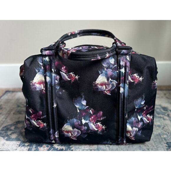HERSCHEL Black Purple Dark Floral Double Top Handle Large Utility Duffle Bag - Picture 2 of 11
